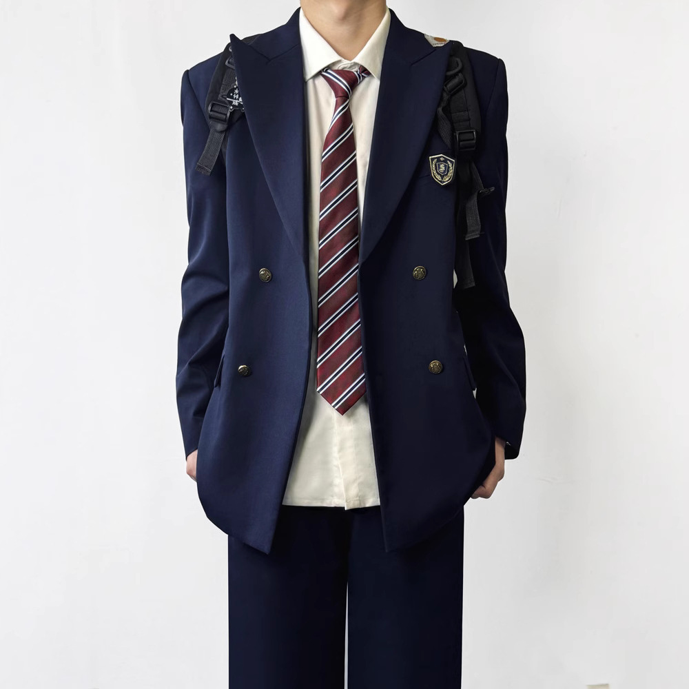 dk日系双排扣西服男士学院风高中学生绀色制服套装西装外套黑色