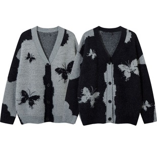 菲柜服饰情侣仿水貂绒撞色蝴蝶毛衣外套男女秋冬新款宽松针织