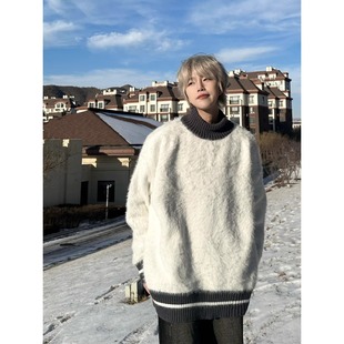 半高领拼接条纹毛衣男女冬季ins潮牌宽松高级感毛茸茸针织衫长袖