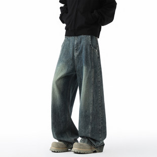 复古牛仔裤男直筒宽松阔腿美式高街裤子潮牌痞帅cleanfit休闲长裤