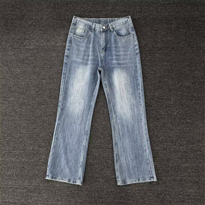 水洗复古蓝牛仔裤男士闪电波纹春秋新款美式高街显瘦直筒微喇长裤
