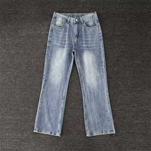 水洗复古蓝牛仔裤男士闪电波纹春秋新款美式高街显瘦直筒微喇长裤