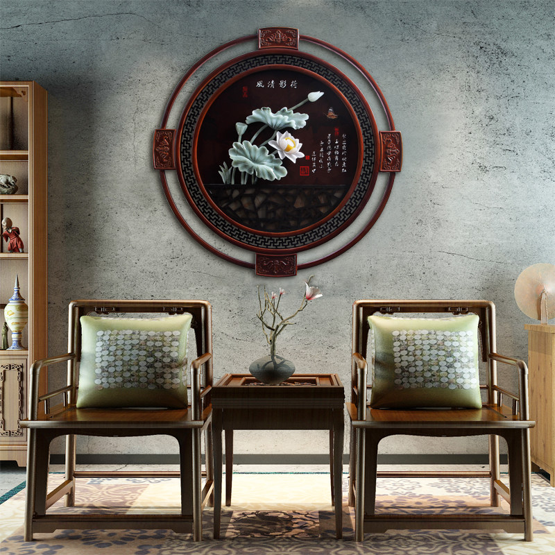 玉雕画挂件客厅书房玄关背景墙壁装饰G仿古中式雕刻工艺品圆形牡