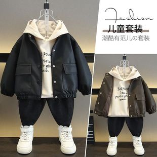 男童秋冬季 酷帅衣服男孩韩版 装 春秋季 卫衣两件套 皮衣2025新款 套装