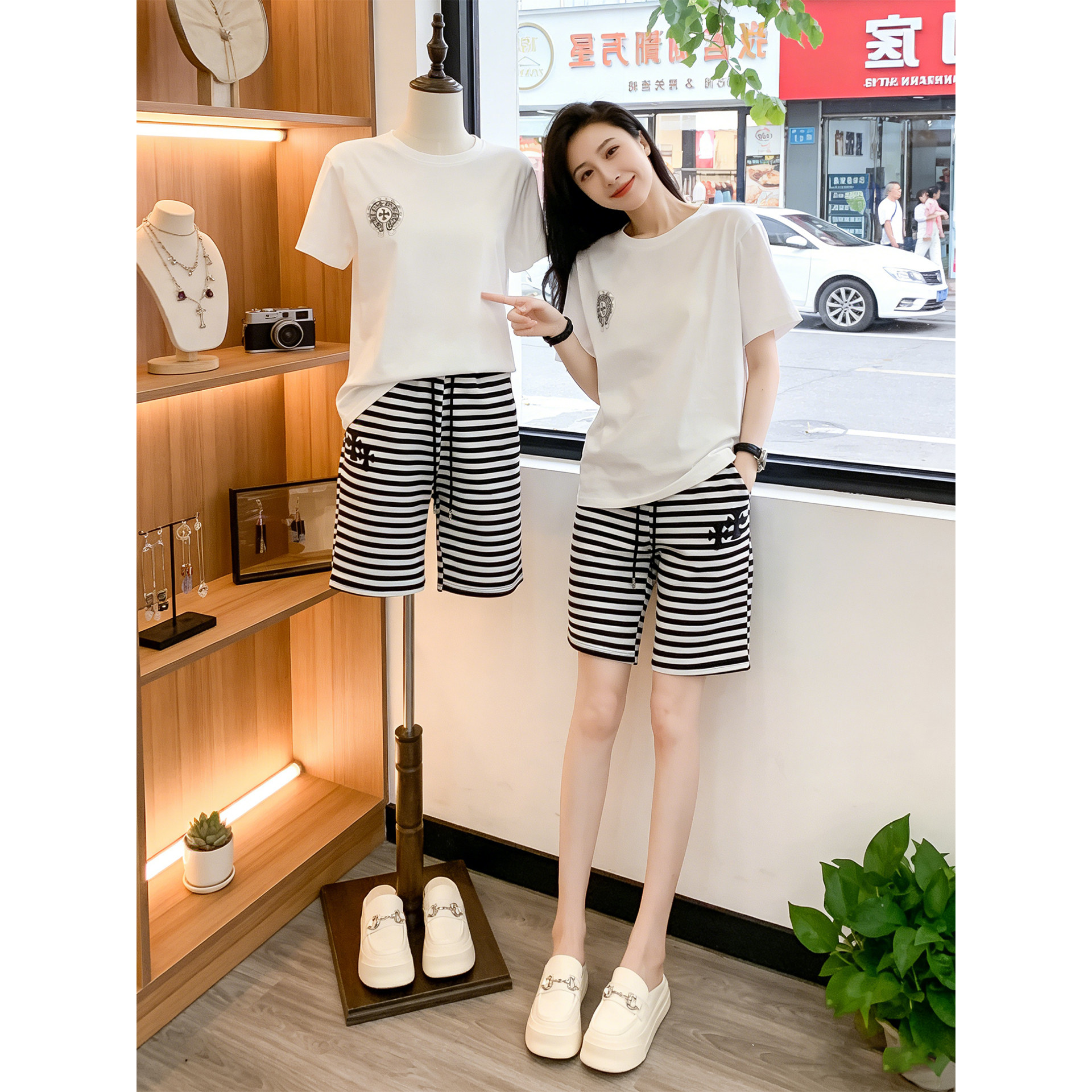 高级感休闲运动套装女夏季2026年新款短袖短裤条纹两件套时尚穿搭