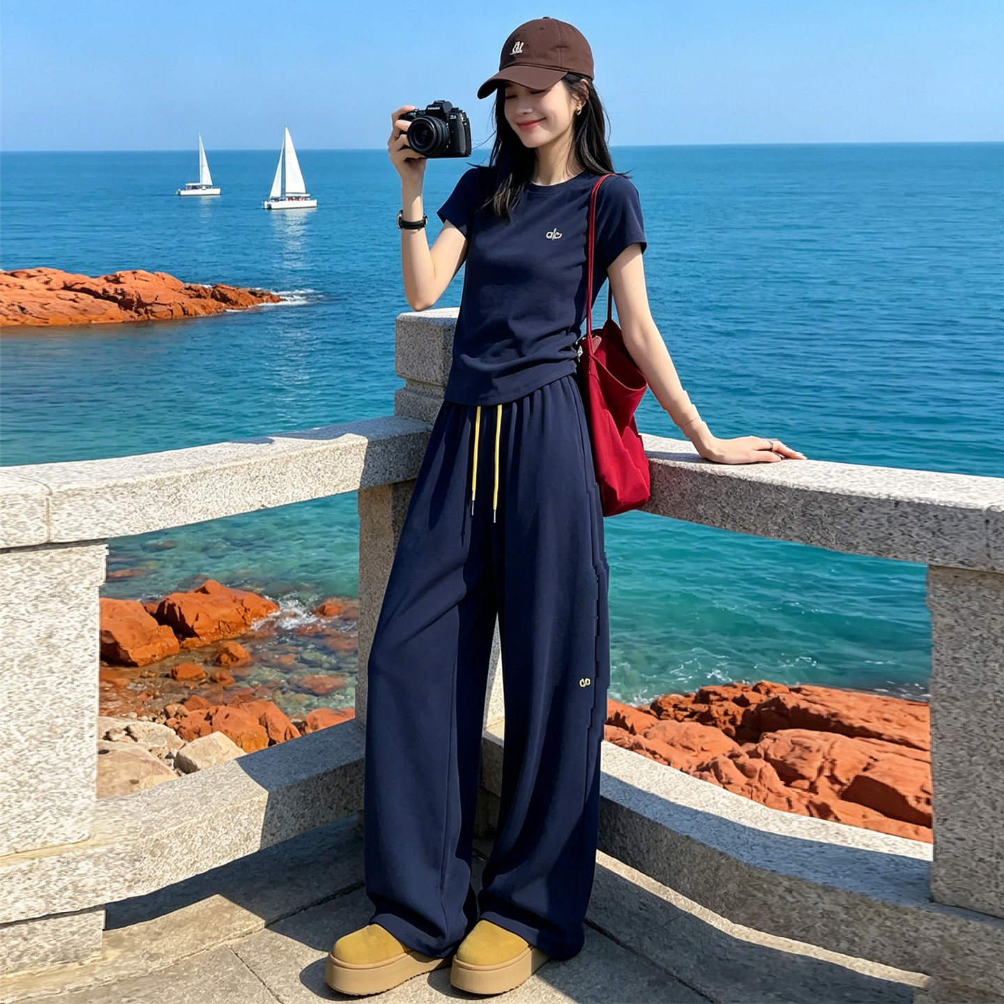 夏季休闲运动套装女2026新款简约风短袖T恤阔腿裤显瘦薄款两件套