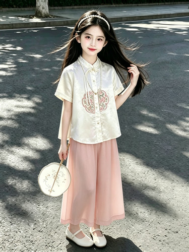 1086哈哈家 女童夏季新款洋气新中式国风刺绣衬衫裤子套装