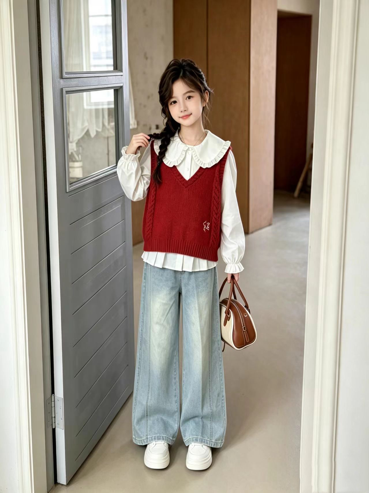 956哈哈家 特价 女童春秋新款洋气韩版时髦衬衫马甲牛仔裤套装