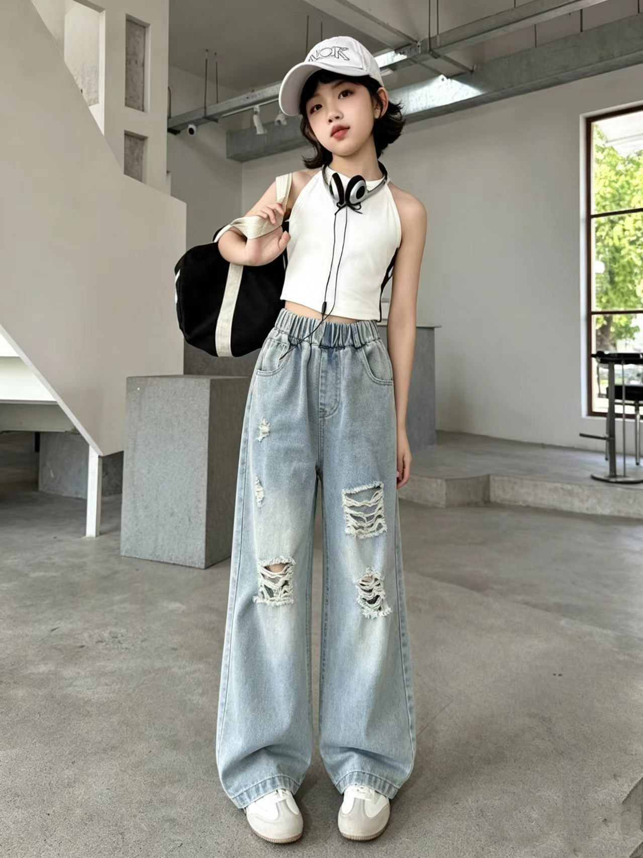566哈哈家 特价 女童夏季新款洋气韩版时髦破洞牛仔阔腿裤