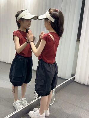279哈哈家 女童夏季新款洋气韩版时髦百搭休闲上衣工装裤套装