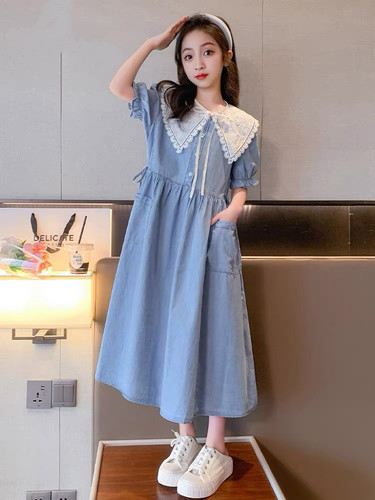 991哈哈家 女童夏季新款洋气韩版甜美时髦百搭牛仔连衣裙