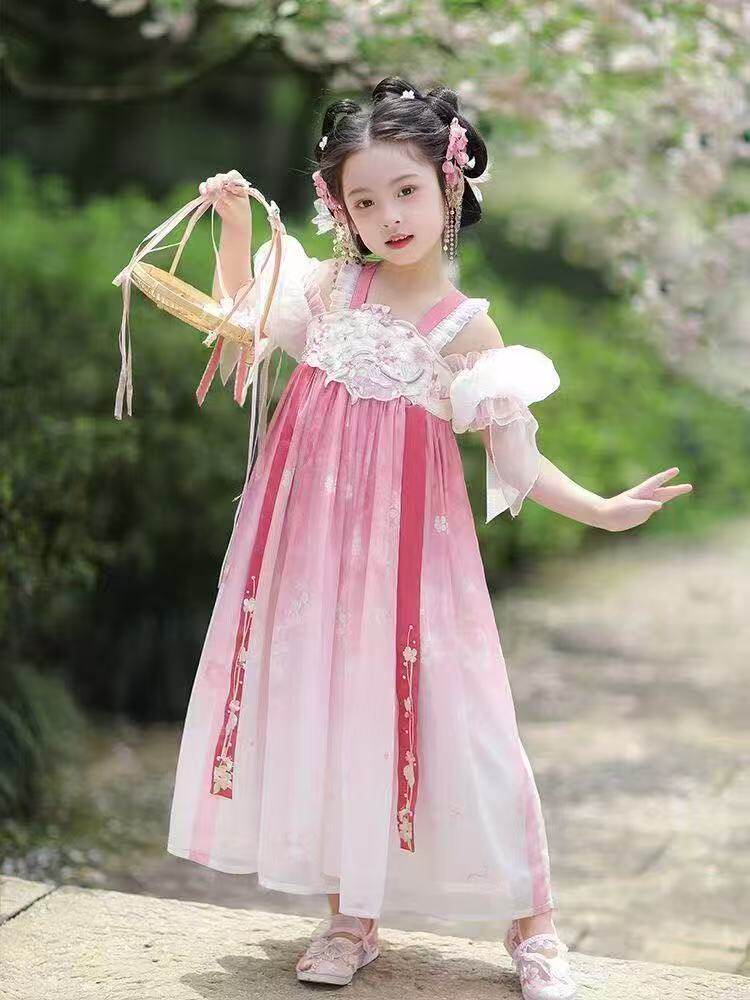 515哈哈家 女童夏季新款洋气国风渐变色飞袖汉服连衣裙