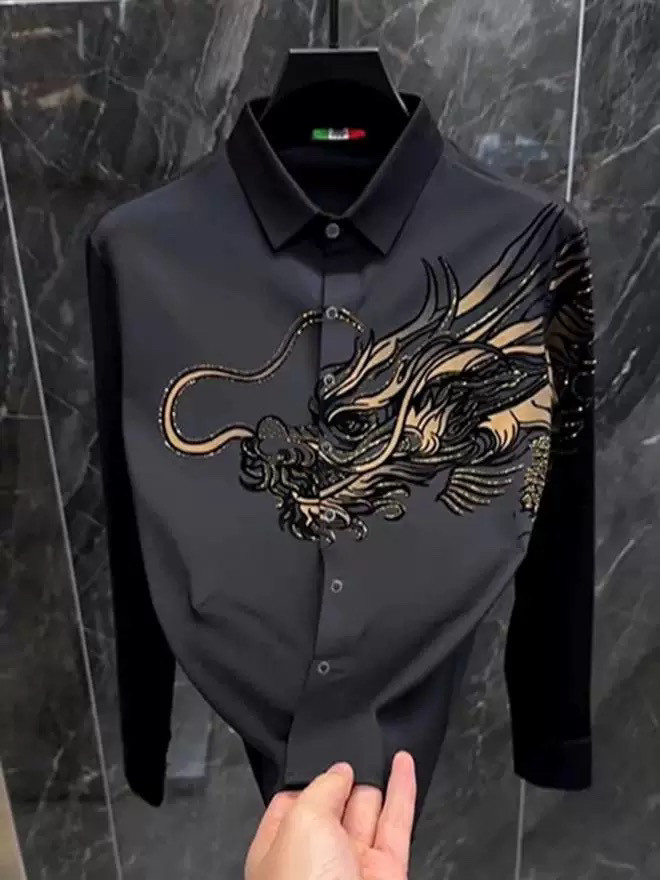 春秋新款帅气时尚商务休闲男士衬衫修身无痕百搭高档印花长袖衬衫