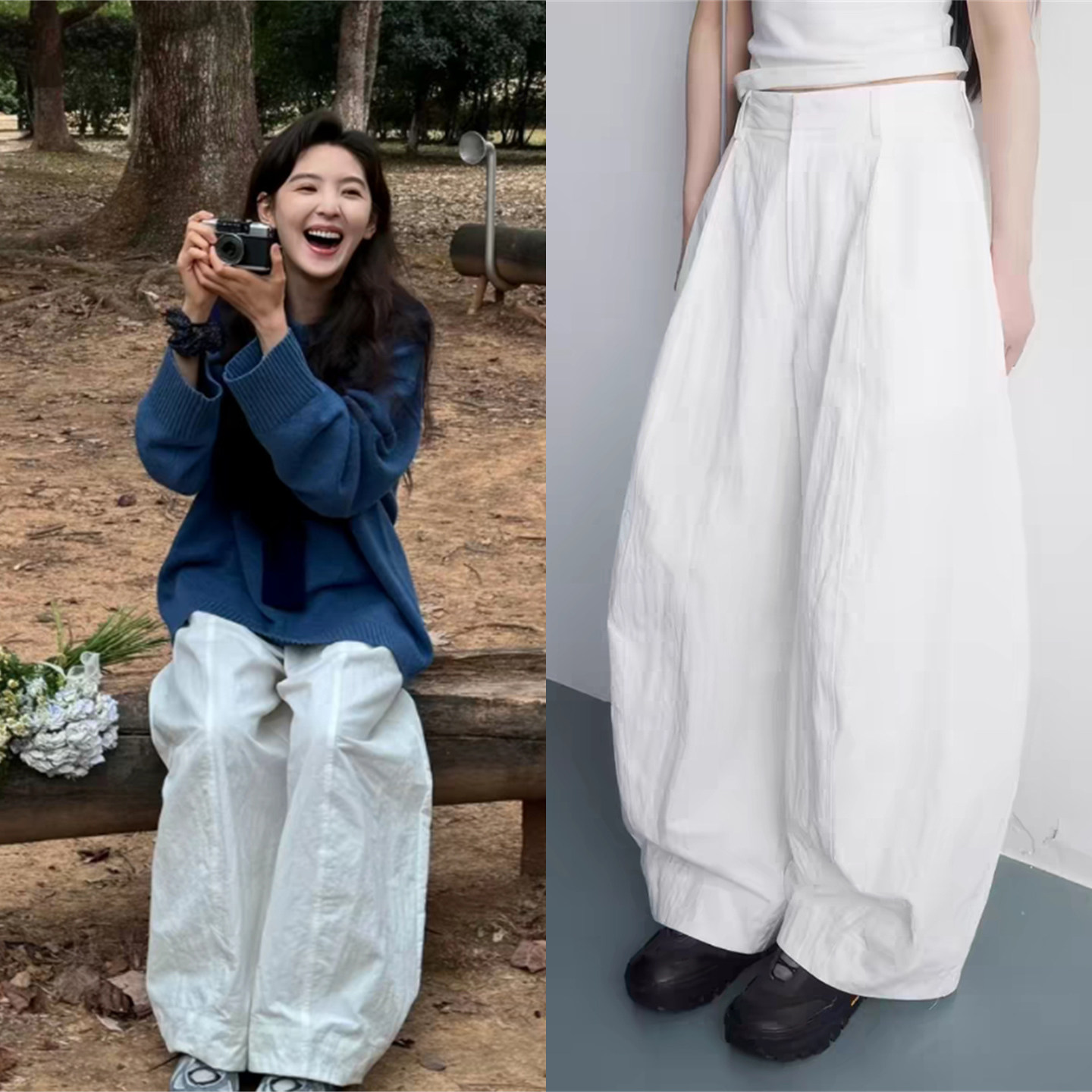 章若楠同款松弛感白色阔腿裤女图片