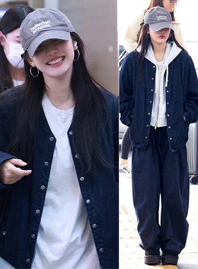 宁艺卓同款深蓝色牛仔外套女春秋新款美式复古棒球服宽松休闲夹克