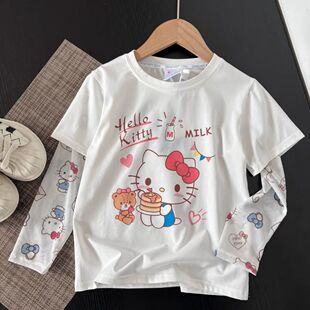 女童夏装纯棉纯棉T恤网红卡通防晒爱心猫咪儿童拼接网纱防蚊上衣
