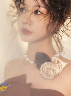 新娘法式缎面香槟色花朵头饰晨袍婚纱礼服项链婚纱黑色礼服配饰女