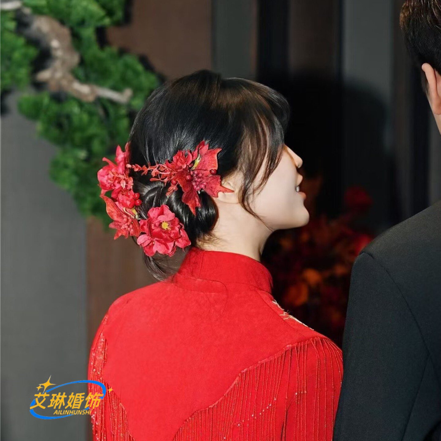 新中式新娘红色仿真花朵头饰订婚敬酒礼服气质甜美复古个性配饰品