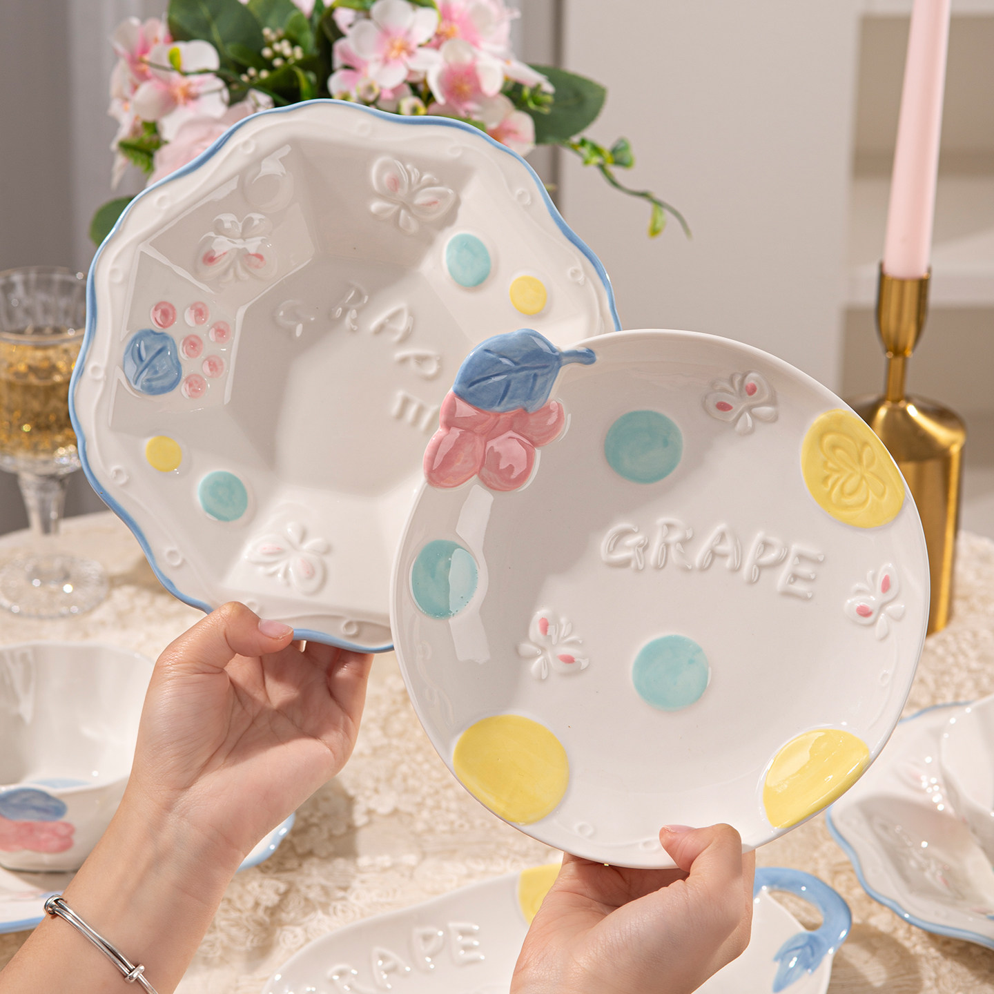 釉下彩2025新款碗碟套装家用可爱卡通陶瓷餐具碗盘乔迁新居礼物碗