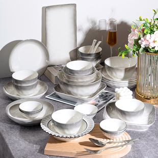 2026碗碟套装家用釉下彩轻奢高温渐变灰餐具陶瓷盘子高级感手捏纹