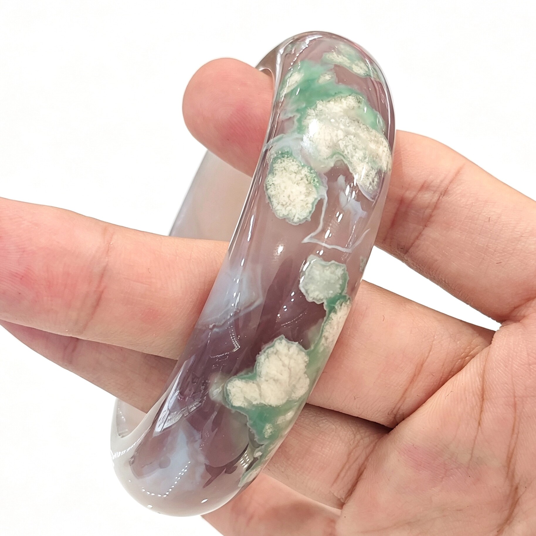 天然绿雪花樱花玛瑙手镯女款 高手镯