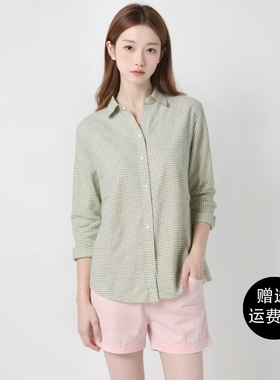 299！女装法国麻衬衫格纹长袖衬衣上衣空调衫薄外套477556