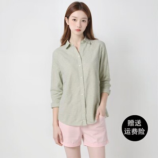 299！女装法国麻衬衫格纹长袖衬衣上衣空调衫薄外套477556