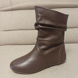 法式真皮女靴堆堆宽口平底中筒靴子女软皮半靴马丁靴女新款半筒靴