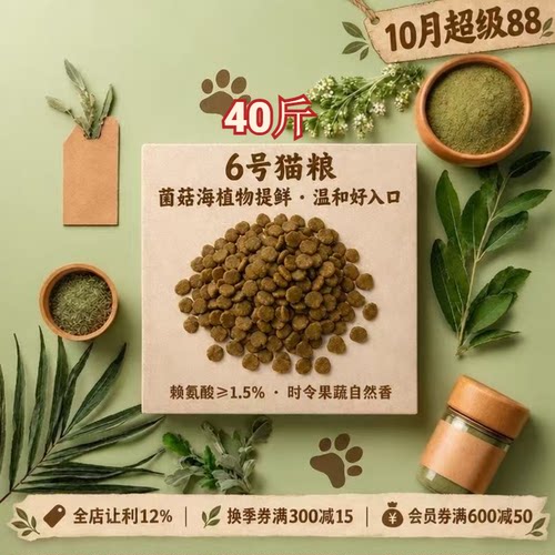 阿幸素食宠粮 6号纯素猫粮/易消化护泌尿去毛球/5斤*8袋/共40斤