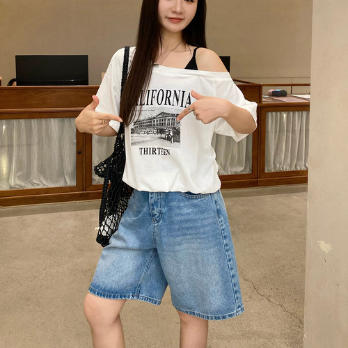 夏新款宽松落肩字母T恤女