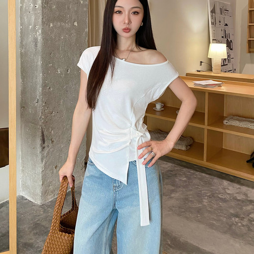 零度斜肩绑带修身显瘦短袖T恤女