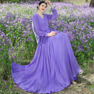 复古V领长袖 抽绳连衣裙女旅游拍照好看大摆裙雪纺系带长裙子纯色