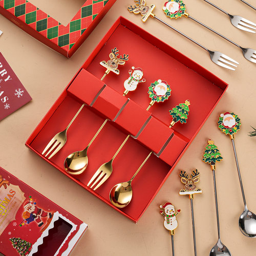 304不锈钢圣诞勺子合金头公仔咖啡勺甜品叉跨境圣诞礼品勺叉套装