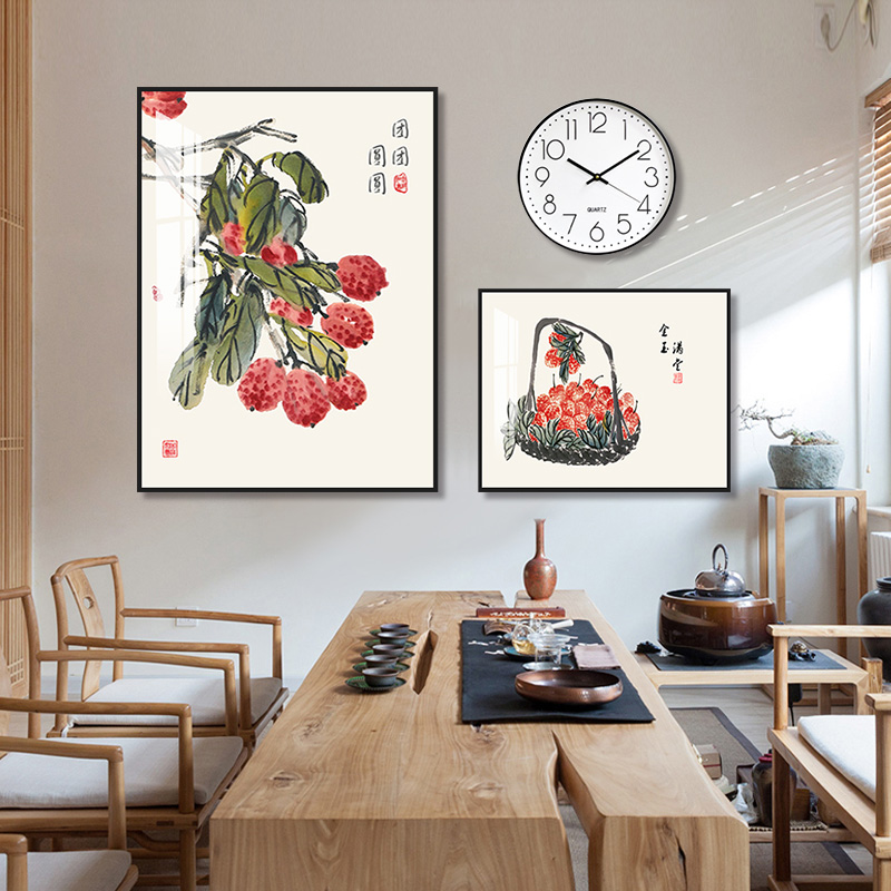 中式餐厅装饰画饭厅挂画中国风民俗简约背景墙壁画创意钟表组合画