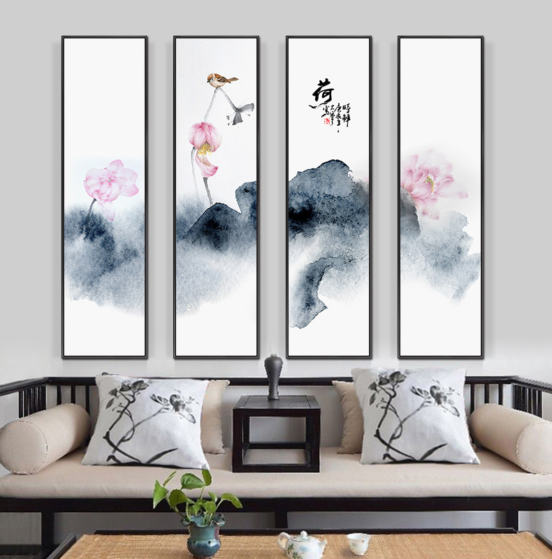 新中式风四联竖款长条背景墙画