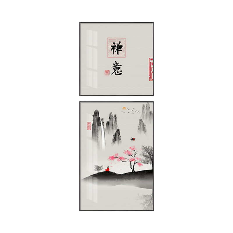 新中式进门客厅玄关装饰画走廊茶室背景墙禅意水墨山水画两联挂画