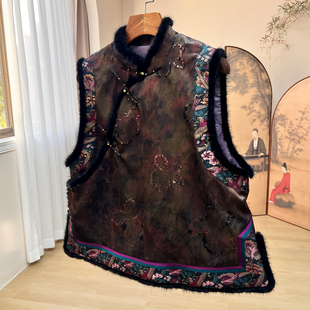 国风香云纱拼接水貂毛羊毛夹层棉马甲 幻焰火 拉贝碧 买一送一