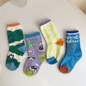 童袜男童女童拼色中筒袜糖果色宝宝棉袜 韩版 4双装 儿童袜子春秋季