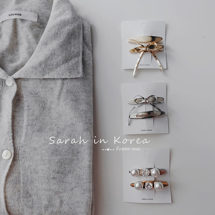 Sarah in Korea韩国 金银色系鸭嘴夹两件套蝴蝶结元素刘海边夹