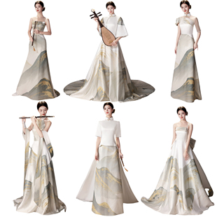 中国风水墨江山风白色长裙表演舞台演出民乐艺考走秀商演拖尾礼服