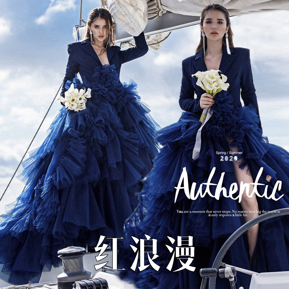 新外景拍照海景沙滩蓬蓬裙主题婚纱影楼服装情侣写真拖尾旅拍礼服