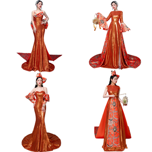 橙奢系列金色亮片表演演出T台走秀商演车展楼盘主持旗袍拖尾礼服
