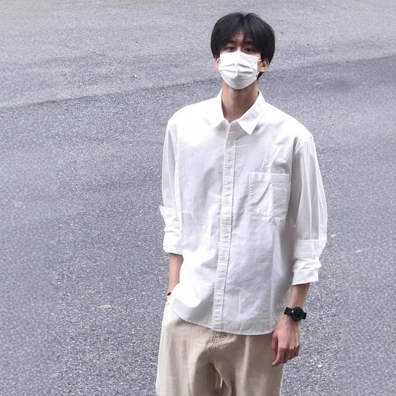宽松纯棉长袖白衬衫男式休闲痞帅衬衫