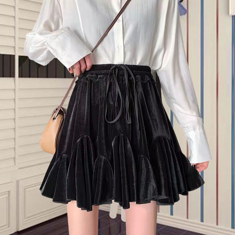 a字黑色半身裙女春小个子设计感韩版休闲金丝绒蓬蓬荷叶下摆裙