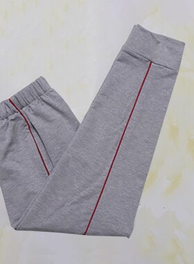 四季款学生浅灰色校服裤子拼酒红绳收口男女通用棉质校裤支持定制