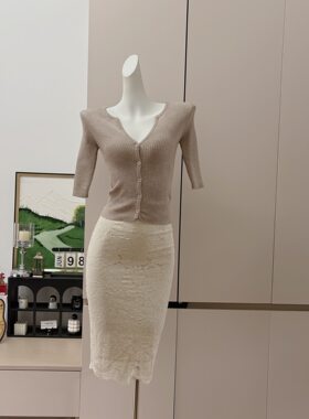 轻熟感五分袖针织开衫修身显瘦女人味V领显身材上衣蕾丝裙套装