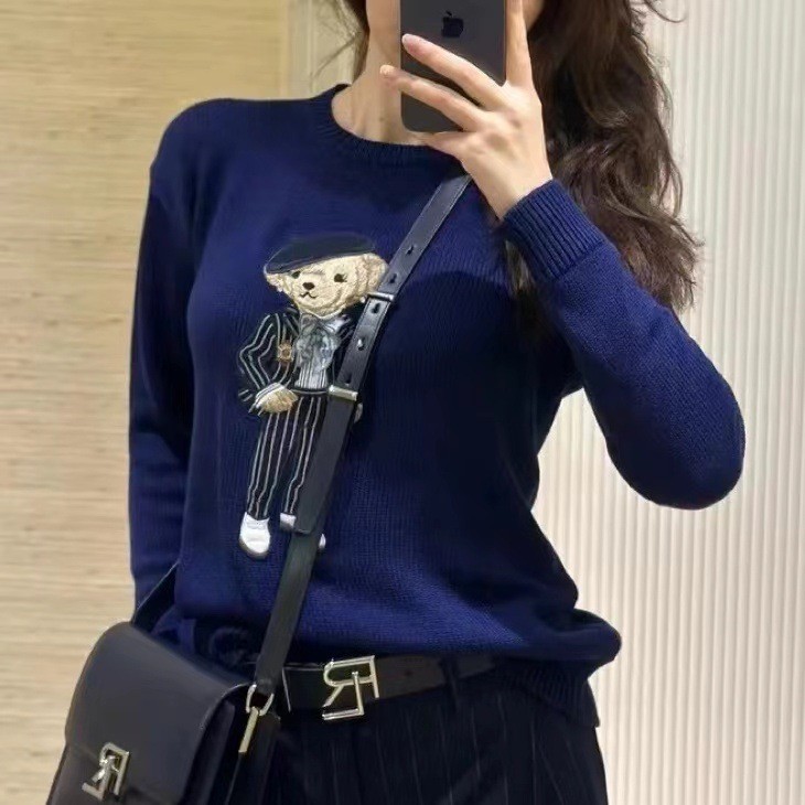 R*L 2025秋冬新款圆领竖条纹西装小熊羊绒套头针织衫女款毛衣上衣