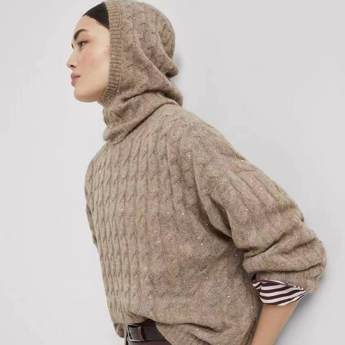 B*C  麻花纹圆领连帽（可拆卸）针织衫女 春秋慵懒风毛衣套头衫