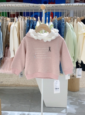 冬季新款imau奕玛女小童装儿童粉色蝴蝶结加绒连帽卫衣48SF232105