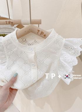 女童夏季背心2025新款韩版宝宝洋气蕾丝花边镂空上衣绿色短裤套装